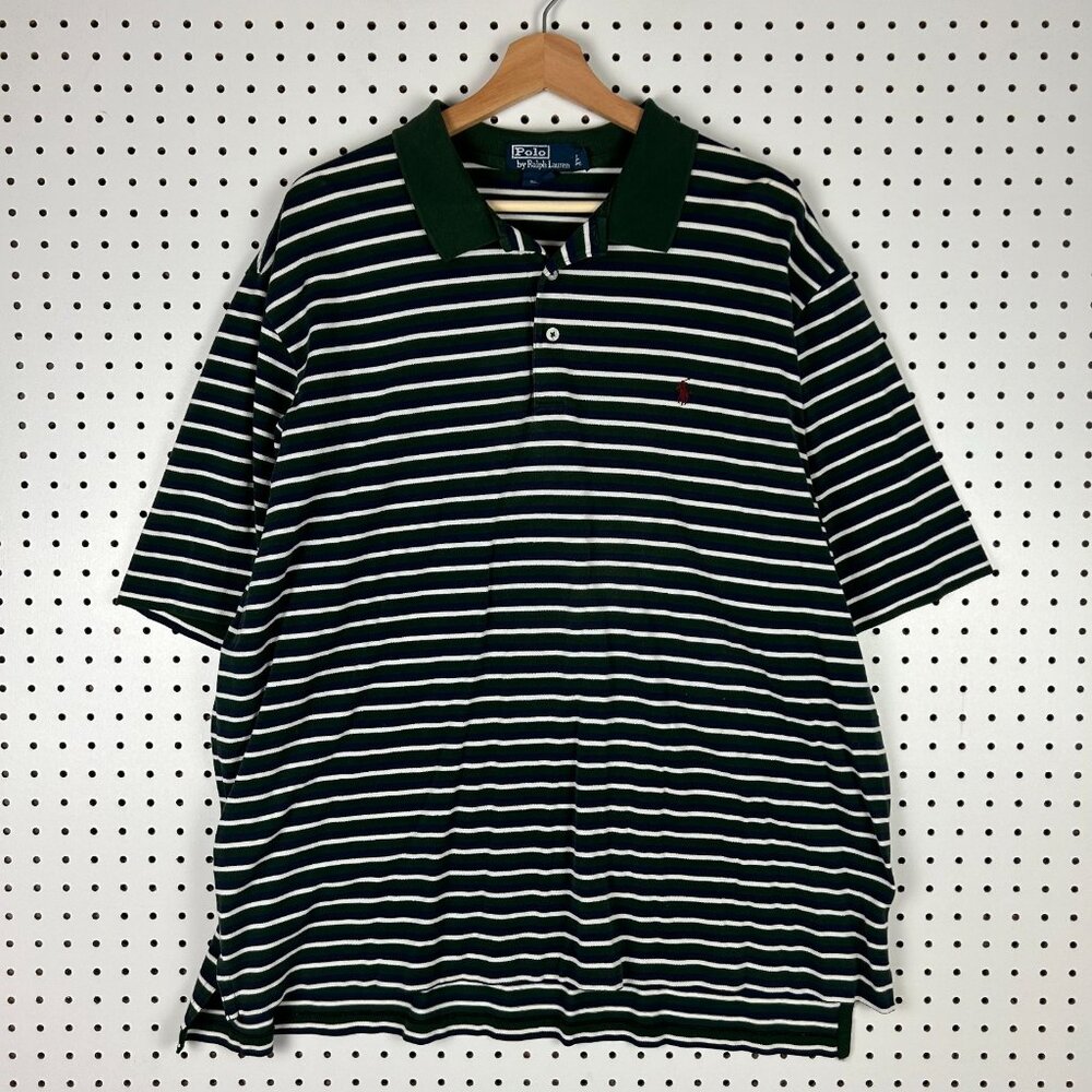 Polo Ralph Lauren Polo Shirt Size XXL Striped Golf Button Green‎ White Blue Pony